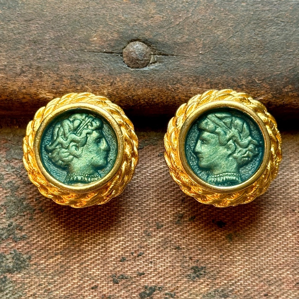 Vintage Roman Coin Style Circle Earrings; Gold Tone & Green; Clip-ons; 1970’s